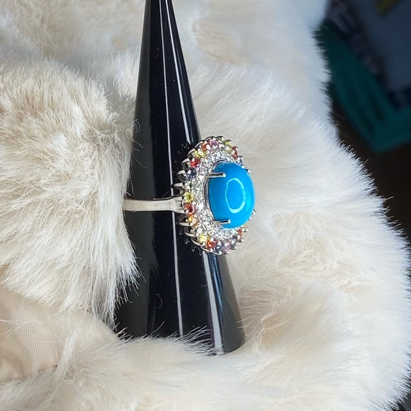Premium Sleeping Beauty Turquoise and Multi Gemstone Double Halo Ring-Size 6 - Picture 3 of 7